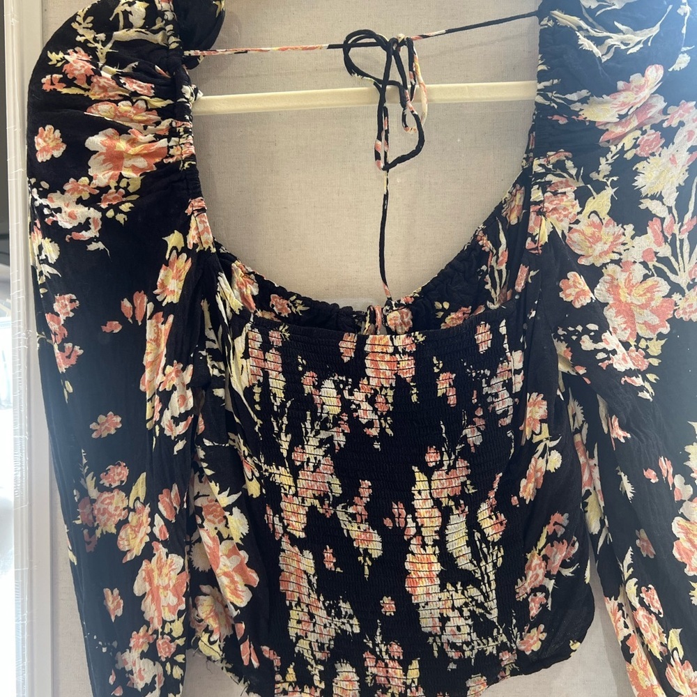 Free People Black Floral Smocked Back Long Sleeve Top - Picture 4 of 6